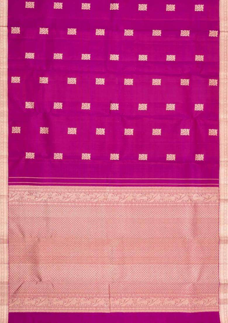 Magenta Handloom Kanchipuram Silk Saree With Buttas Zari Border With Buttas And Brocade Design For Women - Indya