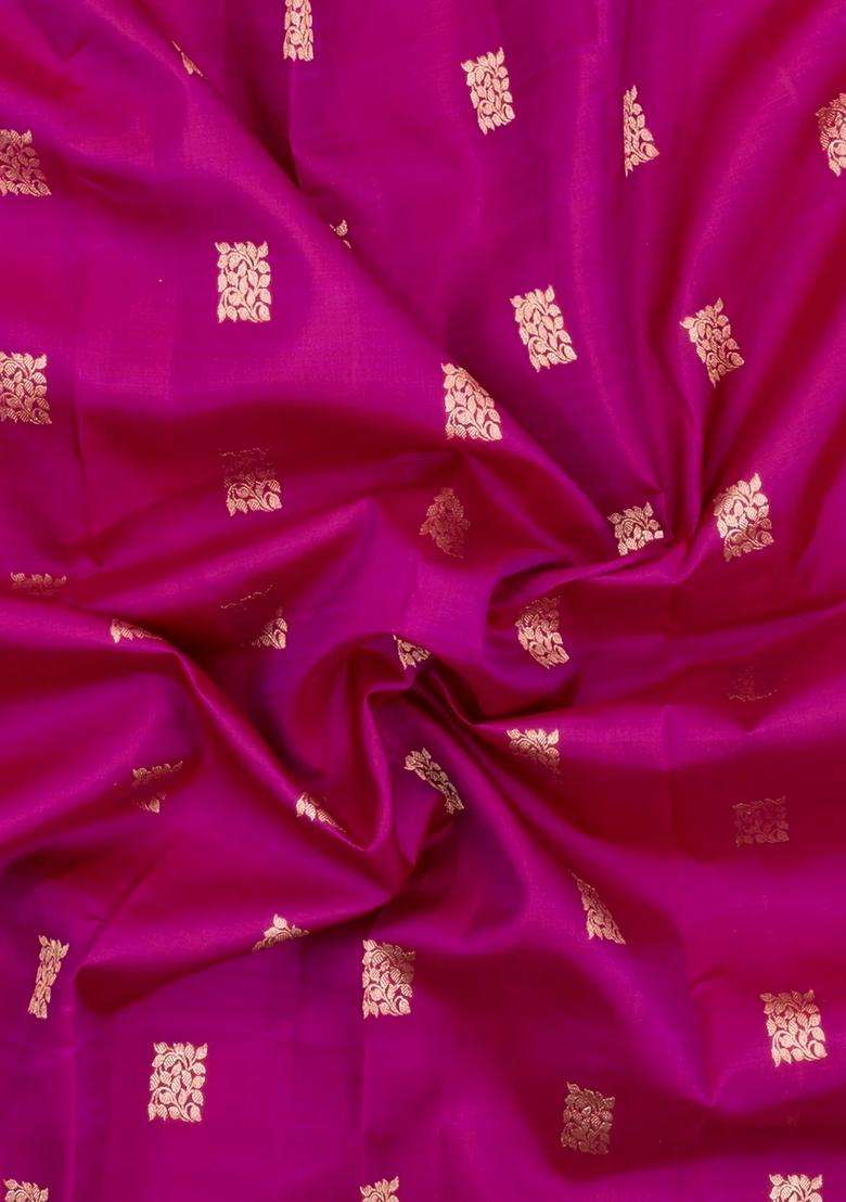 Magenta Handloom Kanchipuram Silk Saree With Buttas Zari Border With Buttas And Brocade Design For Women - Indya