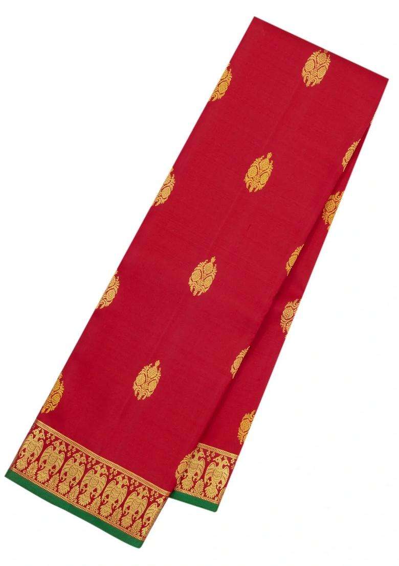 Red Handloom Kanchipuram Silk Saree With Buttas Zari Border With Buttas And Brocade Design For Women - Indya
