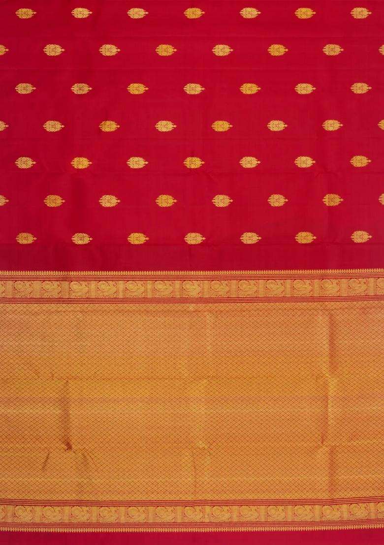 Red Handloom Kanchipuram Silk Saree With Buttas Zari Border With Buttas And Brocade Design For Women - Indya