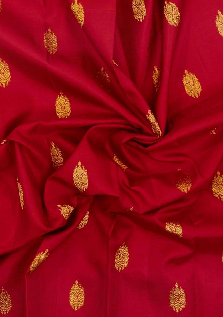 Red Handloom Kanchipuram Silk Saree With Buttas Zari Border With Buttas And Brocade Design For Women - Indya