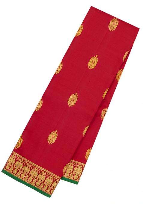 Red Handloom Kanchipuram Silk Saree With Buttas Zari Border With Buttas And Brocade Design For Women