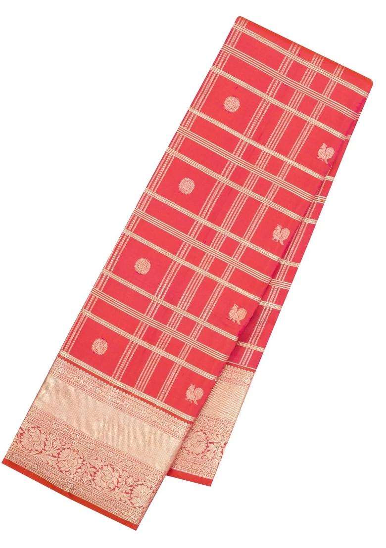 Peach Handloom Kanchipuram Silk Saree With Zari Checks Buttas With Buttas And Brocade Design For Women - Indya