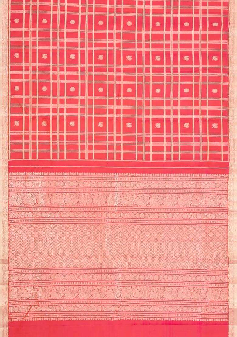 Peach Handloom Kanchipuram Silk Saree With Zari Checks Buttas With Buttas And Brocade Design For Women - Indya
