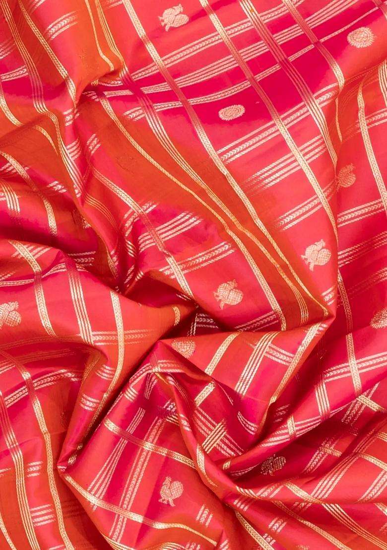 Peach Handloom Kanchipuram Silk Saree With Zari Checks Buttas With Buttas And Brocade Design For Women - Indya