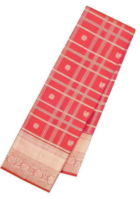 Peach Handloom Kanchipuram Silk Saree With Zari Checks Buttas With Buttas And Brocade Design For Women