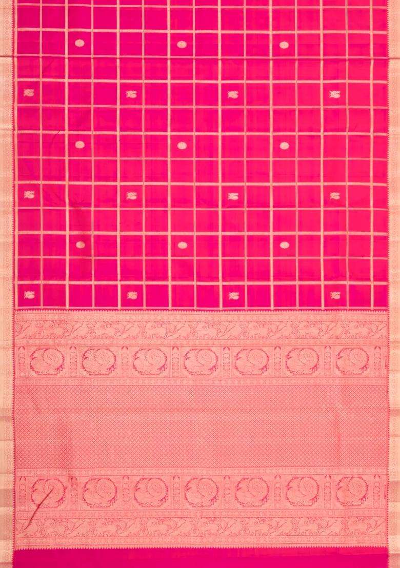 Hot Pink Handloom Kanchipuram Silk Saree With Zari Checks Buttas With Buttas And Brocade Design For Women - Indya