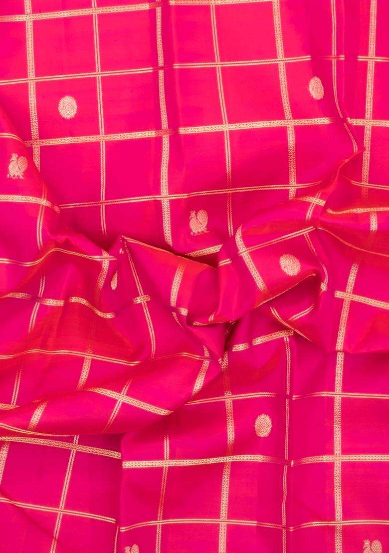 Hot Pink Handloom Kanchipuram Silk Saree With Zari Checks Buttas With Buttas And Brocade Design For Women - Indya