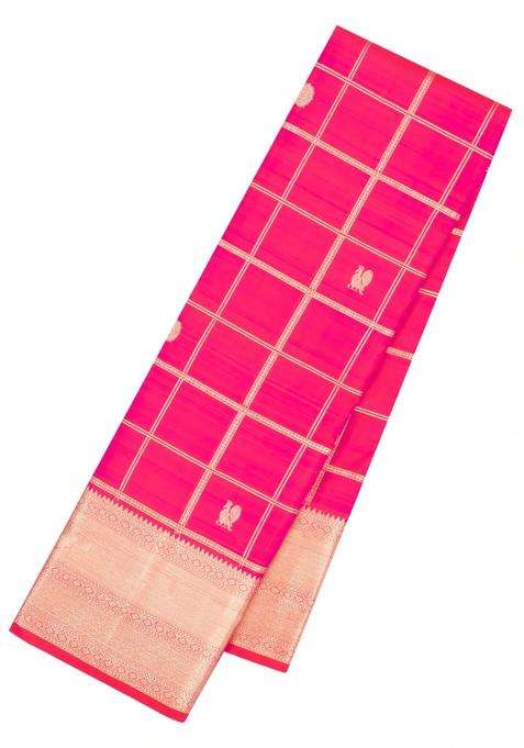 Hot Pink Handloom Kanchipuram Silk Saree With Zari Checks Buttas With Buttas And Brocade Design For Women