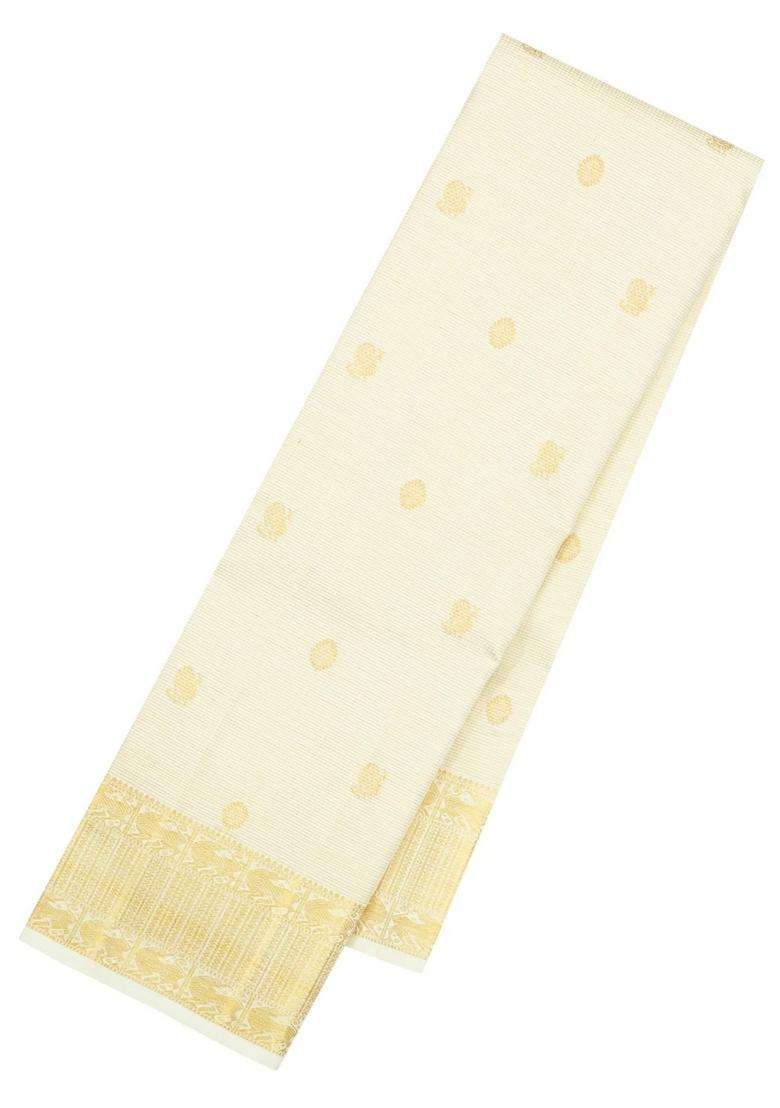 Off White Handloom Kanchipuram Silk Saree With Vairaoosi Stripes With Checks And Stripes Design For Women - Indya