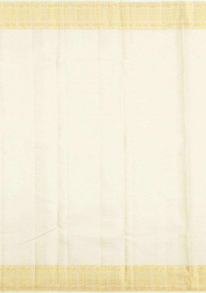 Off White Handloom Kanchipuram Silk Saree With Vairaoosi Stripes With Checks And Stripes Design For Women - Indya
