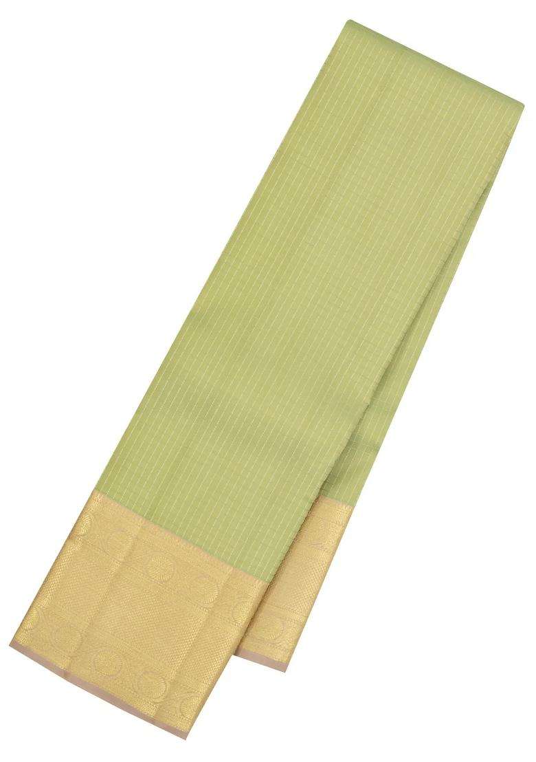 Cardamom Green Handloom Kanchipuram Silk Saree With Contrast Border With Checks And Stripes Design For Women - Indya
