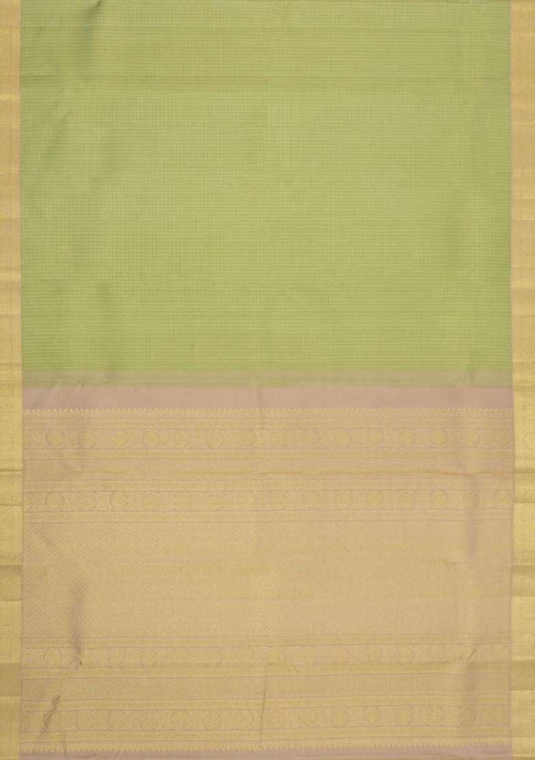Cardamom Green Handloom Kanchipuram Silk Saree With Contrast Border With Checks And Stripes Design For Women - Indya
