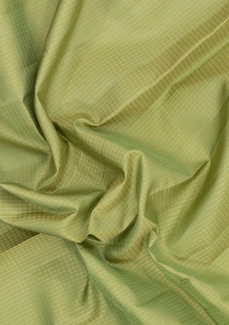 Cardamom Green Handloom Kanchipuram Silk Saree With Contrast Border With Checks And Stripes Design For Women - Indya