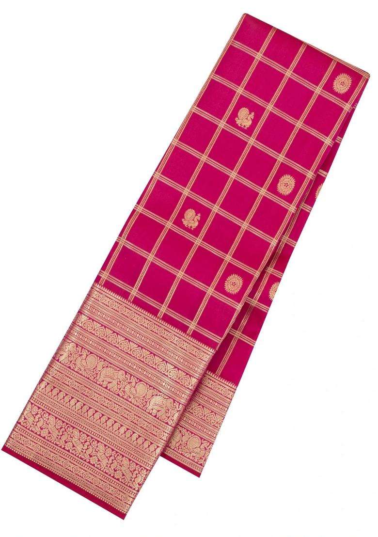 Pink Handloom Kanchipuram Silk Saree With Zari Checks Buttas With Buttas And Brocade Design For Women - Indya