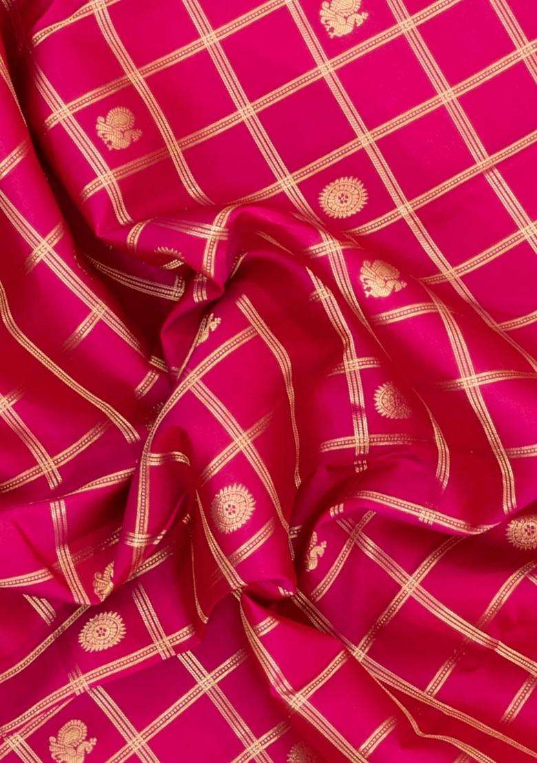 Pink Handloom Kanchipuram Silk Saree With Zari Checks Buttas With Buttas And Brocade Design For Women - Indya