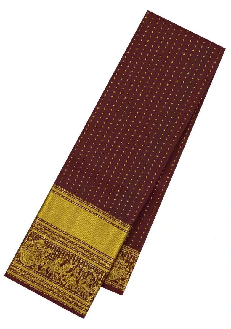 Dark Brown Handloom Kanchipuram Silk Saree With Zari Motifs With Buttas And Brocade Design For Women - Indya