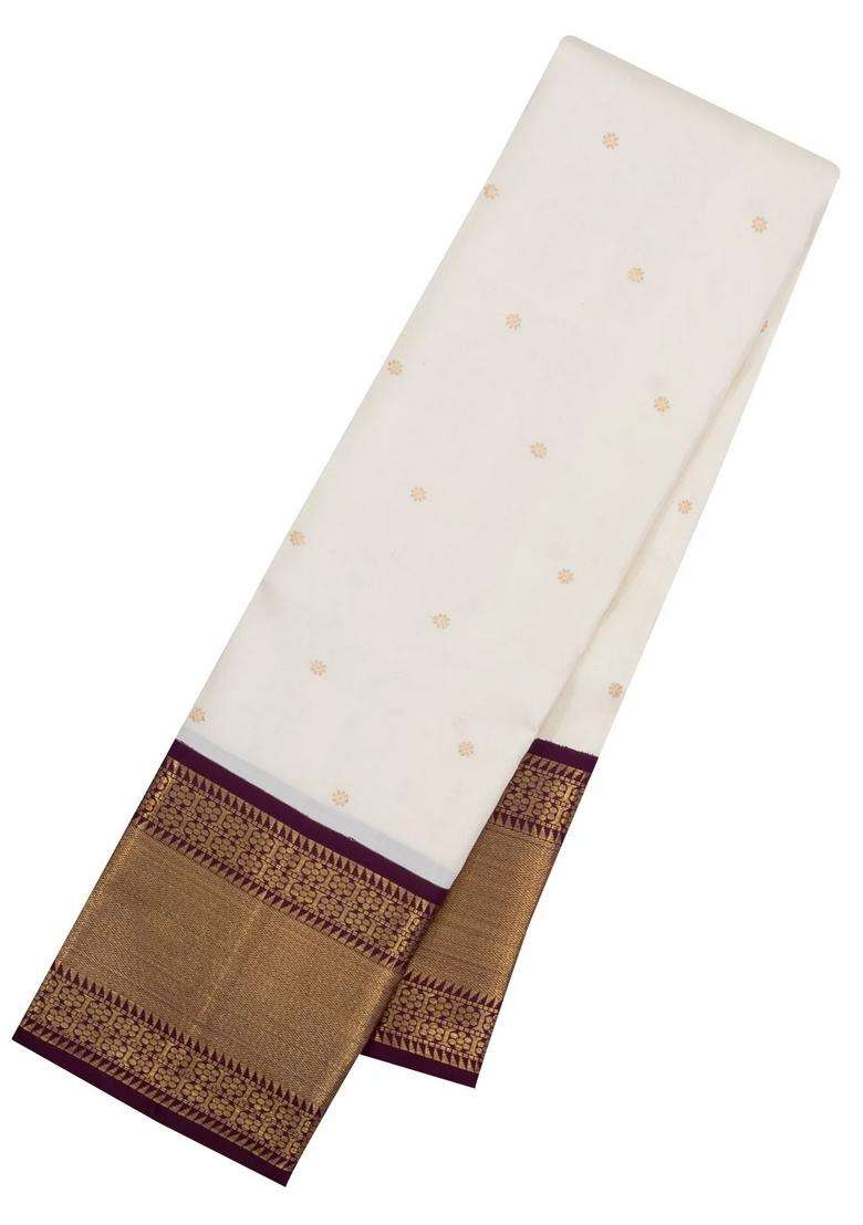 White Handloom Korvai Kanchipuram Silk Saree With Zari Buttas With Korvai And Temple Border Design For Women - Indya