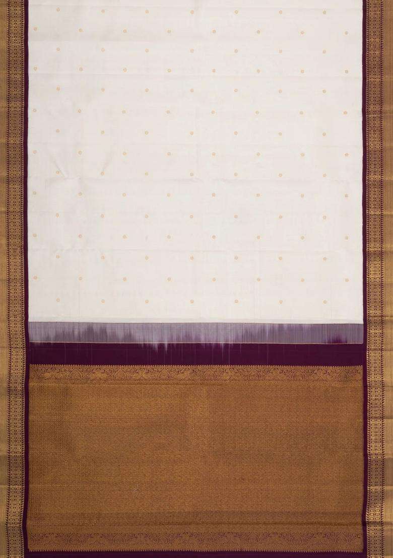 White Handloom Korvai Kanchipuram Silk Saree With Zari Buttas With Korvai And Temple Border Design For Women - Indya
