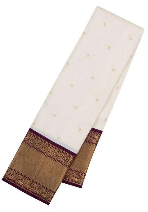 White Handloom Korvai Kanchipuram Silk Saree With Zari Buttas With Korvai And Temple Border Design For Women