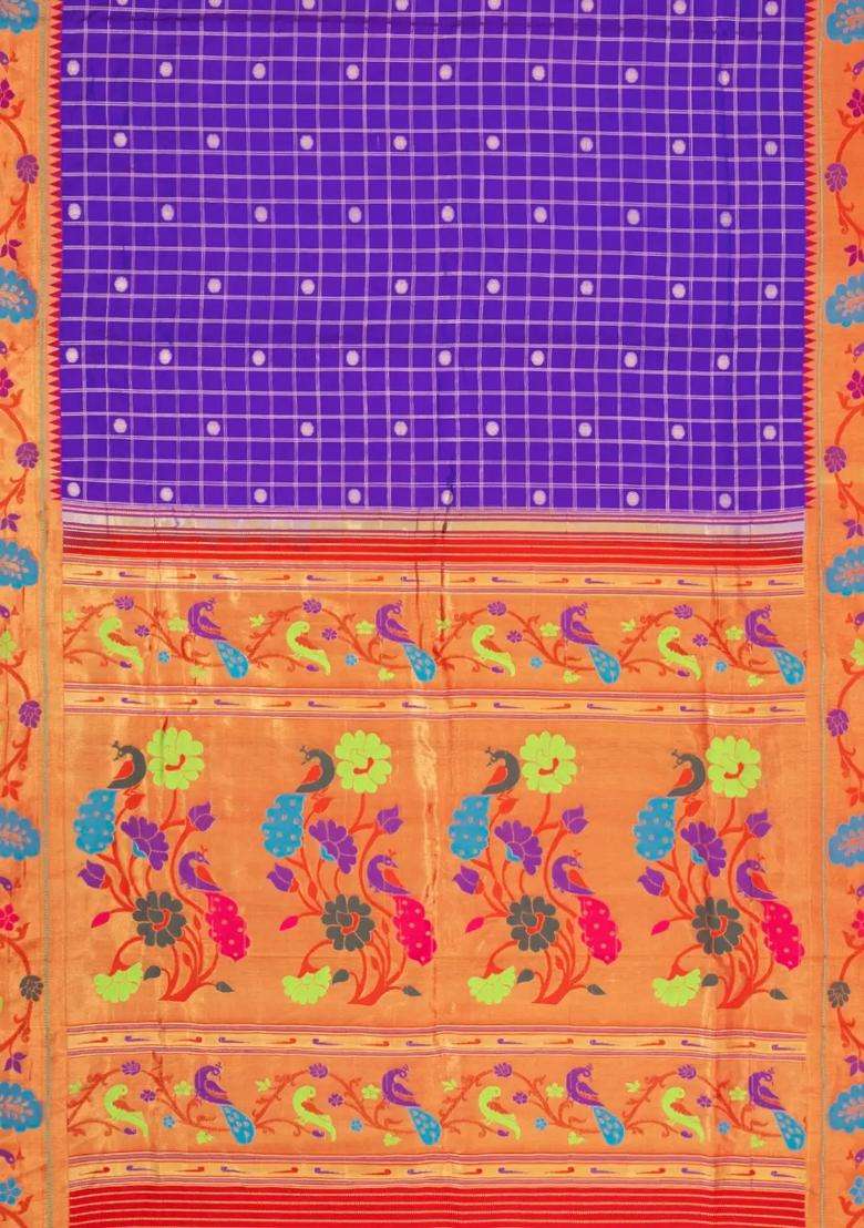 Purple Handloom Paithani Silk Saree With Checks Contrast Meena Border With Checks And Stripes Design For Women - Indya