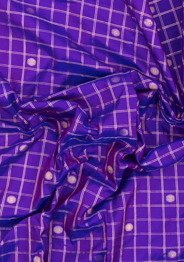 Purple Handloom Paithani Silk Saree With Checks Contrast Meena Border With Checks And Stripes Design For Women - Indya