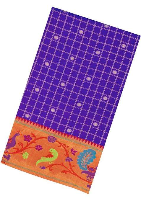 Purple Handloom Paithani Silk Saree With Checks Contrast Meena Border With Checks And Stripes Design For Women