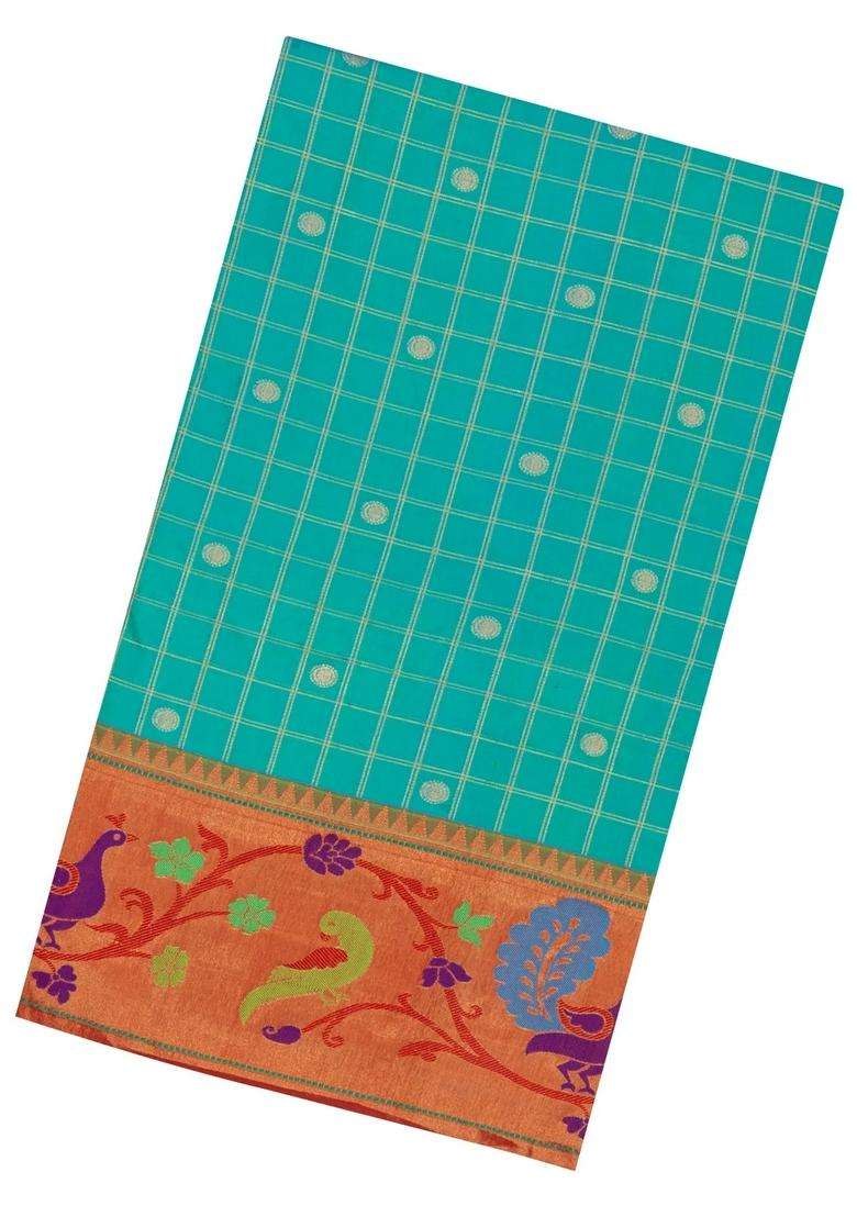 Turquoise Handloom Paithani Silk Saree With Checks Contrast Meena Border With Checks And Stripes Design For Women - Indya