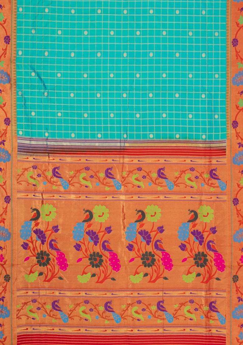 Turquoise Handloom Paithani Silk Saree With Checks Contrast Meena Border With Checks And Stripes Design For Women - Indya