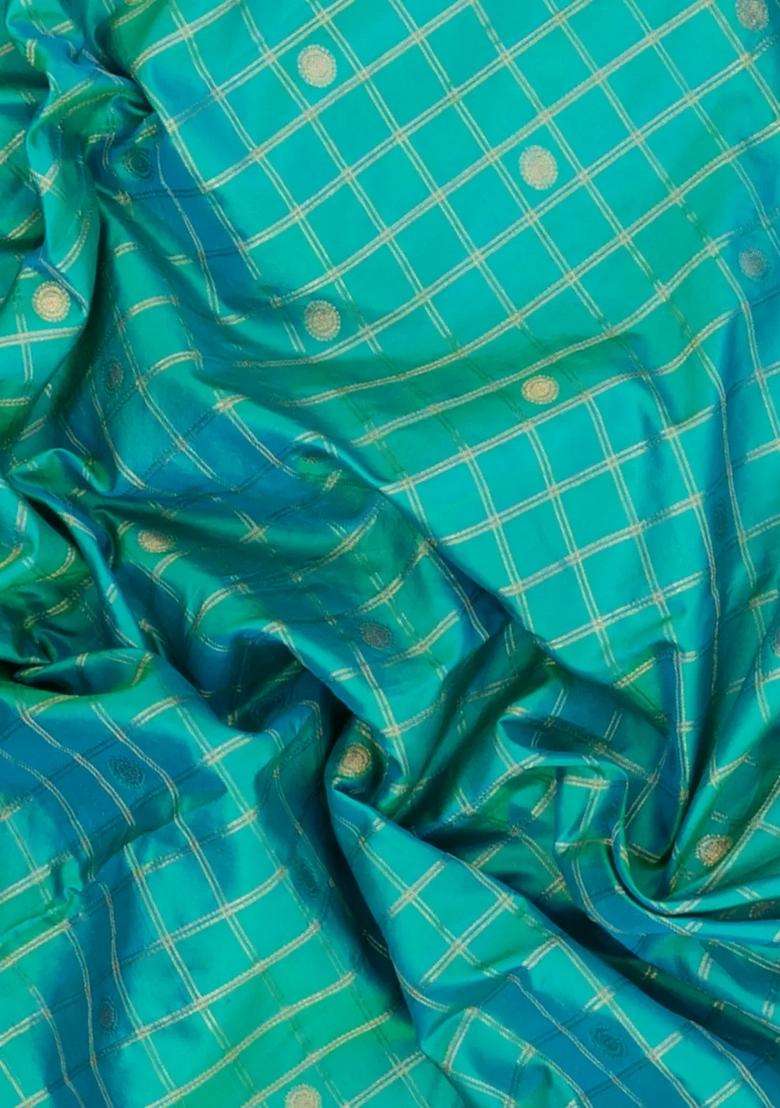 Turquoise Handloom Paithani Silk Saree With Checks Contrast Meena Border With Checks And Stripes Design For Women - Indya