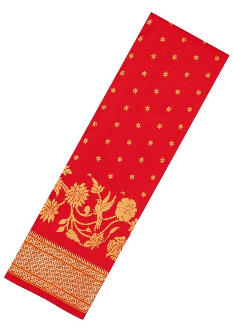 Red Handloom Paithani Silk Saree With Floral Zari Motifs Meena Pallu With Buttas And Brocade Design For Women - Indya