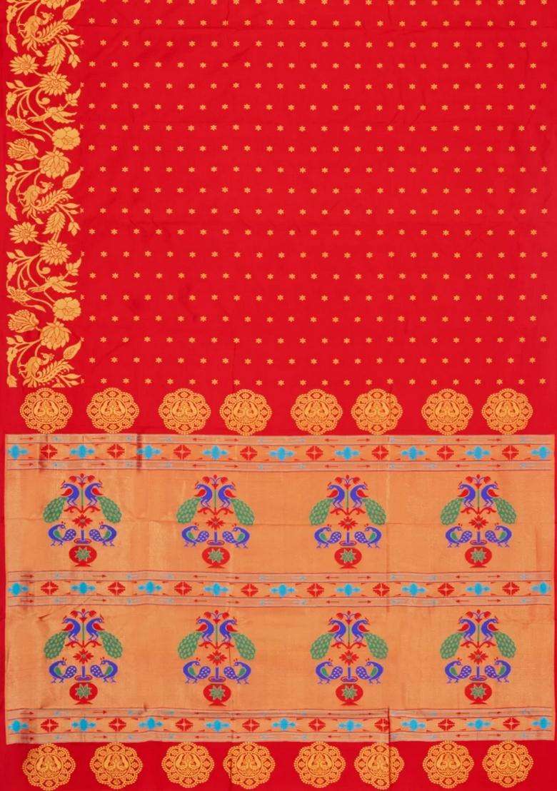 Red Handloom Paithani Silk Saree With Floral Zari Motifs Meena Pallu With Buttas And Brocade Design For Women - Indya