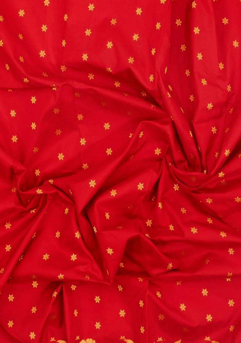 Red Handloom Paithani Silk Saree With Floral Zari Motifs Meena Pallu With Buttas And Brocade Design For Women - Indya