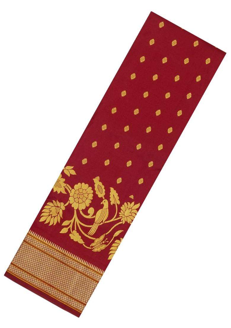 Maroon Handloom Paithani Silk Saree With Floral Zari Motifs Meena Pallu With Buttas And Brocade Design For Women - Indya