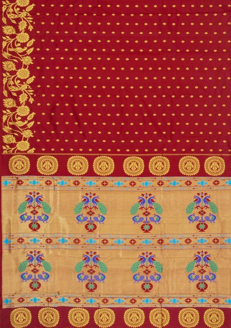 Maroon Handloom Paithani Silk Saree With Floral Zari Motifs Meena Pallu With Buttas And Brocade Design For Women - Indya
