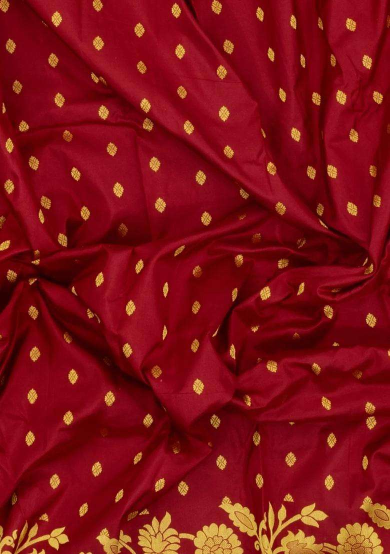 Maroon Handloom Paithani Silk Saree With Floral Zari Motifs Meena Pallu With Buttas And Brocade Design For Women - Indya