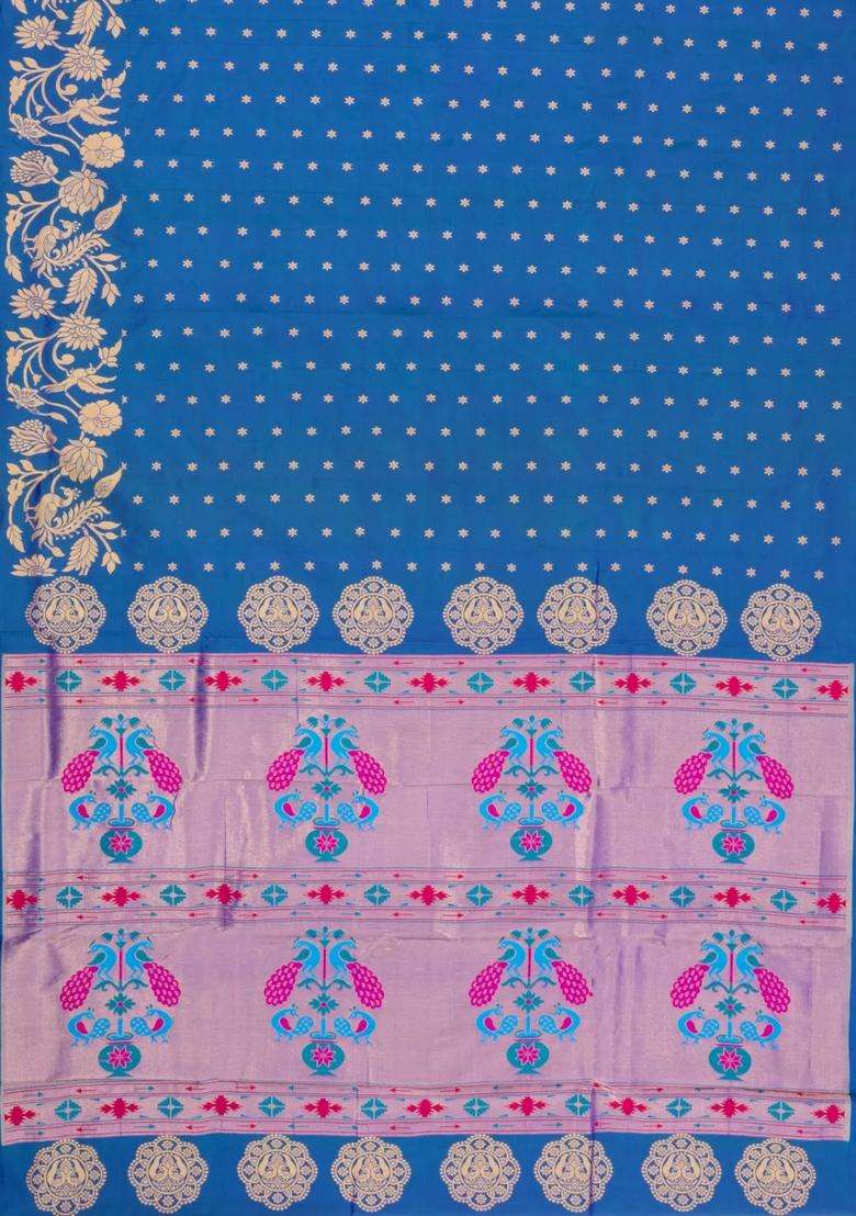 Blue Handloom Paithani Silk Saree With Floral Zari Motifs Meena Pallu With Buttas And Brocade Design For Women - Indya