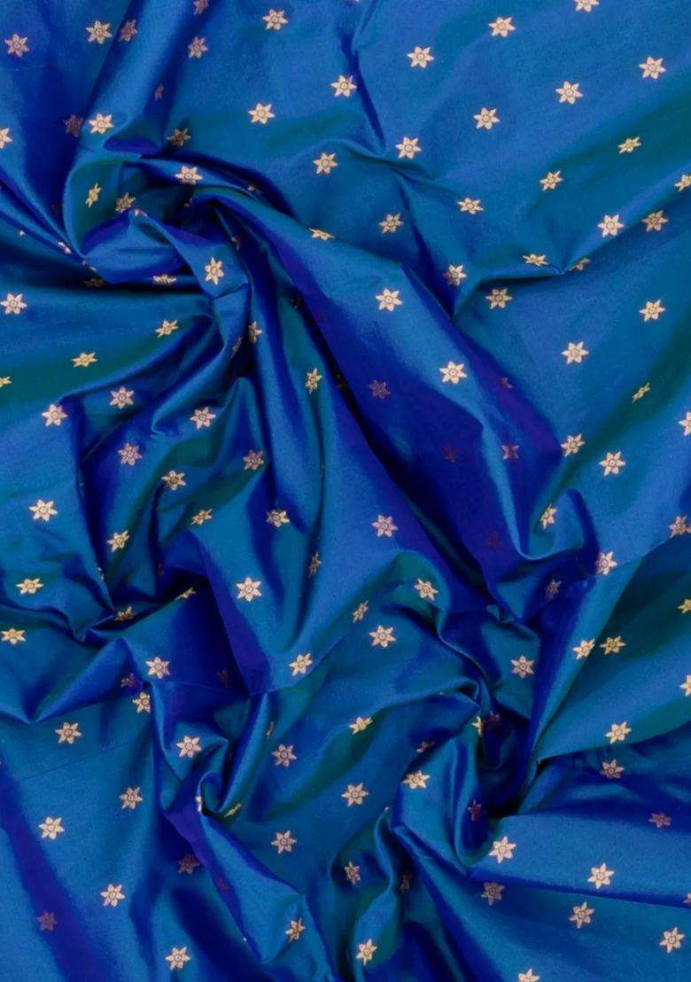 Blue Handloom Paithani Silk Saree With Floral Zari Motifs Meena Pallu With Buttas And Brocade Design For Women - Indya