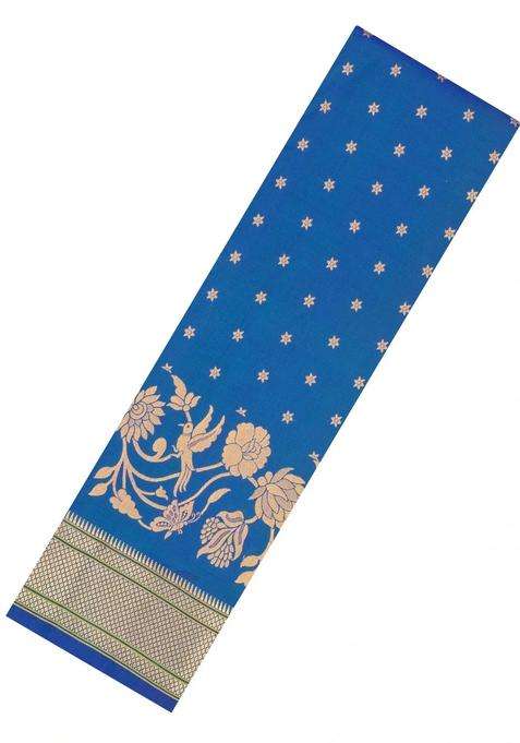 Blue Handloom Paithani Silk Saree With Floral Zari Motifs Meena Pallu With Buttas And Brocade Design For Women