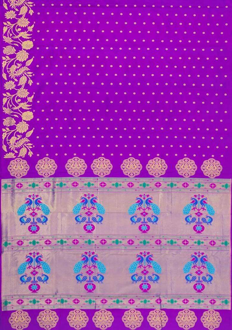 Purple Handloom Paithani Silk Saree With Floral Zari Motifs Meena Pallu With Buttas And Brocade Design For Women - Indya