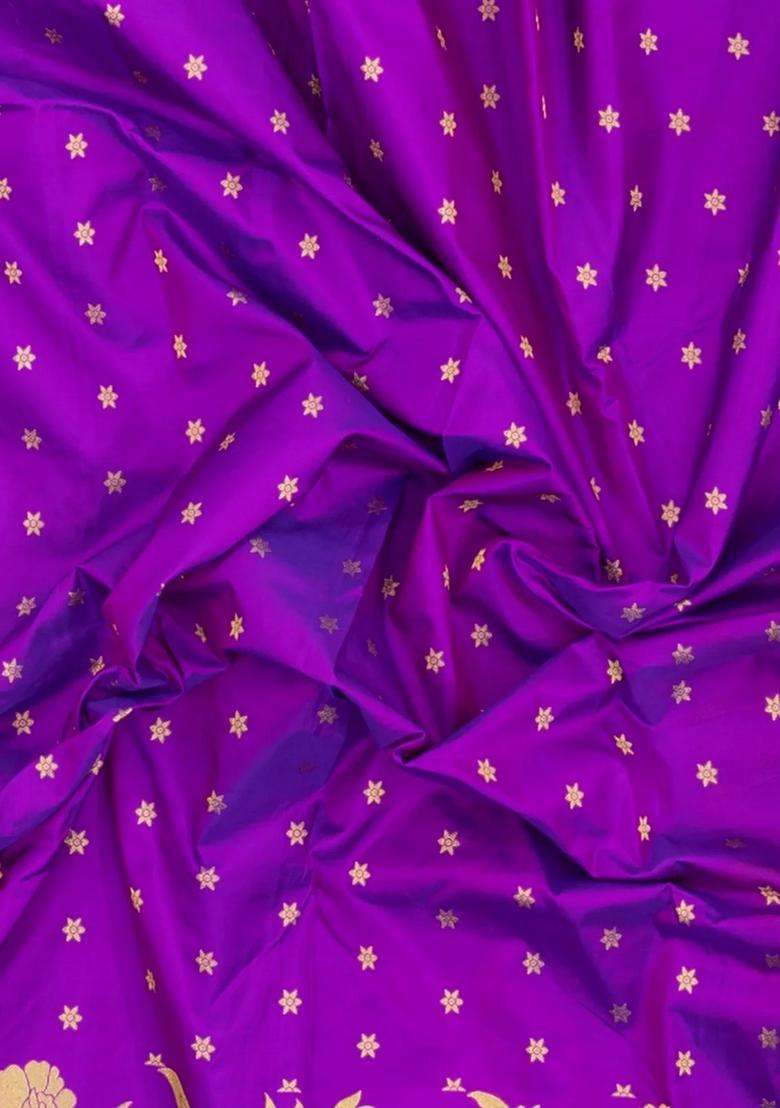 Purple Handloom Paithani Silk Saree With Floral Zari Motifs Meena Pallu With Buttas And Brocade Design For Women - Indya