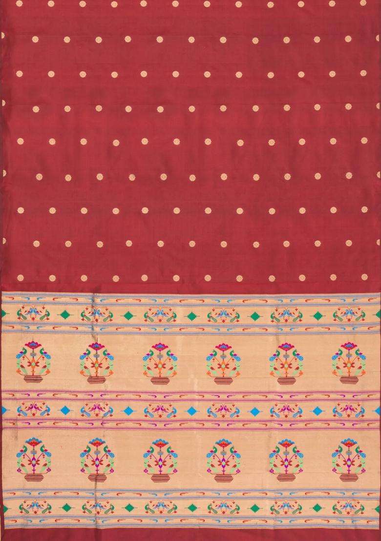 Maroon Handloom Paithani Silk Saree With Meena Buttas With Buttas And Brocade Design For Women - Indya