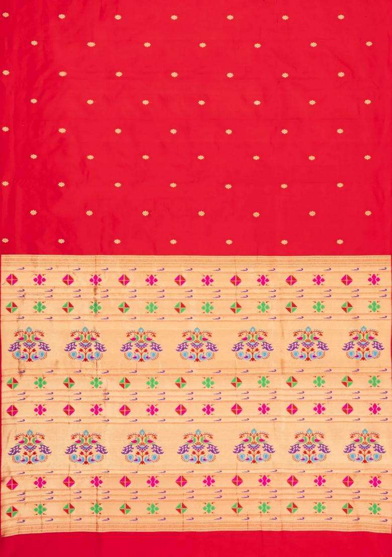 Red Handloom Paithani Silk Saree With Meena Buttas With Buttas And Brocade Design For Women - Indya