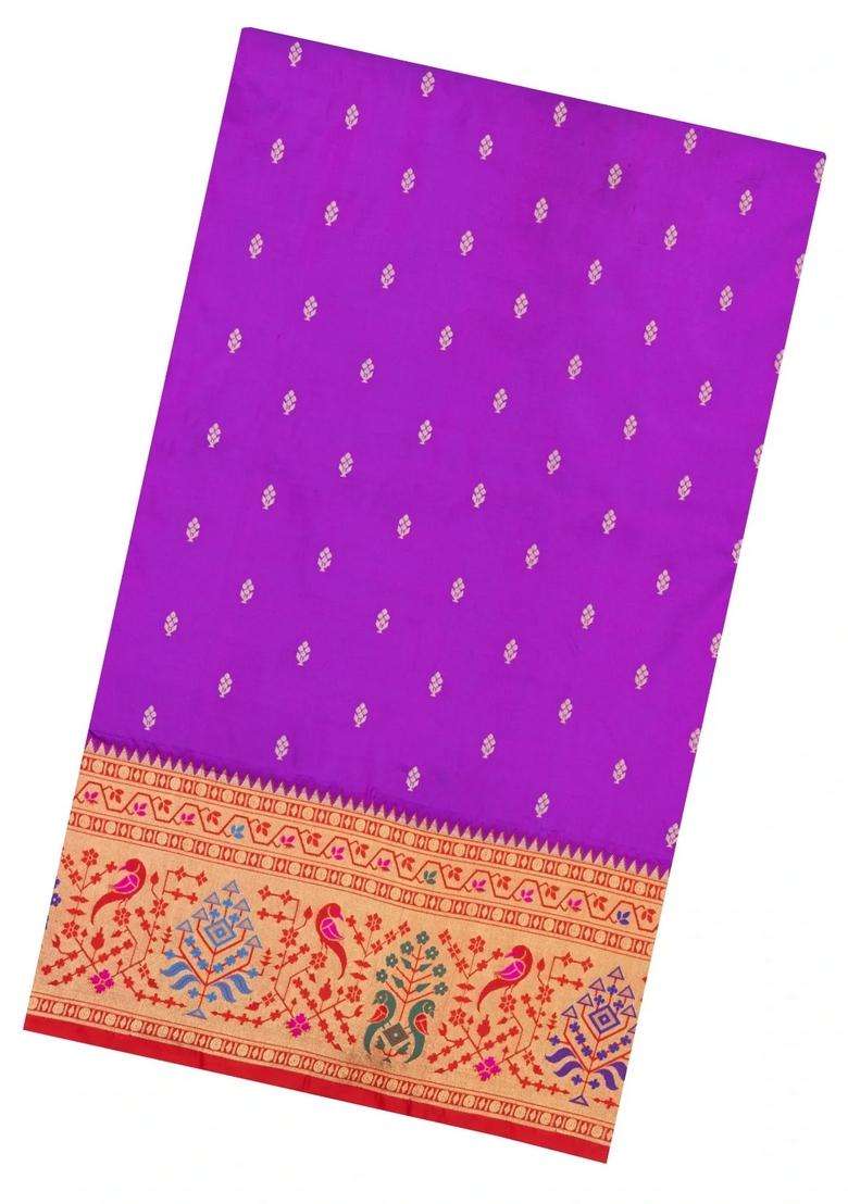 Purple Handloom Paithani Silk Saree With Meena Border Pallu With Buttas And Brocade Design For Women - Indya