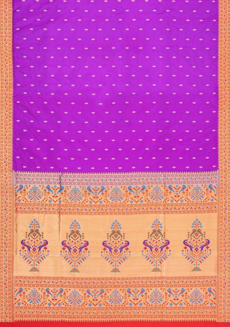 Purple Handloom Paithani Silk Saree With Meena Border Pallu With Buttas And Brocade Design For Women - Indya