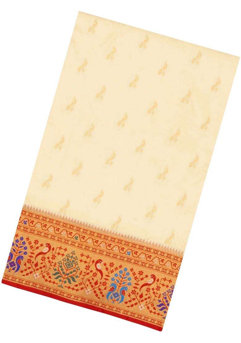 White Handloom Paithani Silk Saree With Meena Border Pallu With Buttas And Brocade Design For Women - Indya