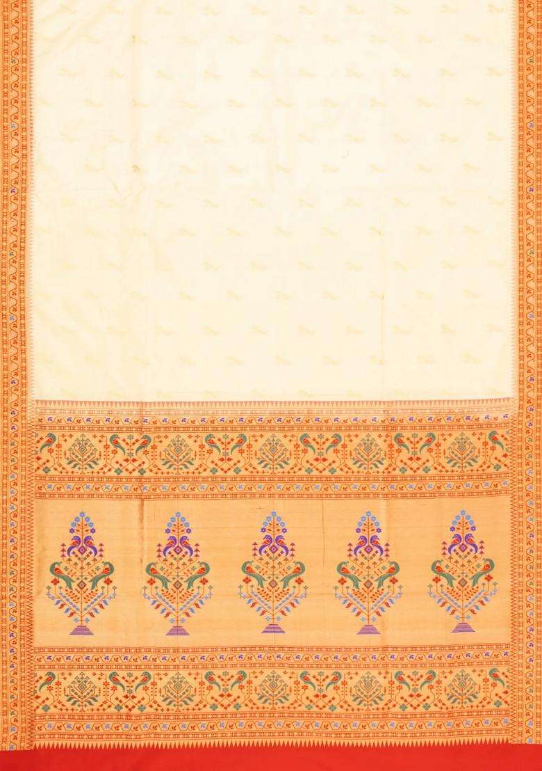 White Handloom Paithani Silk Saree With Meena Border Pallu With Buttas And Brocade Design For Women - Indya