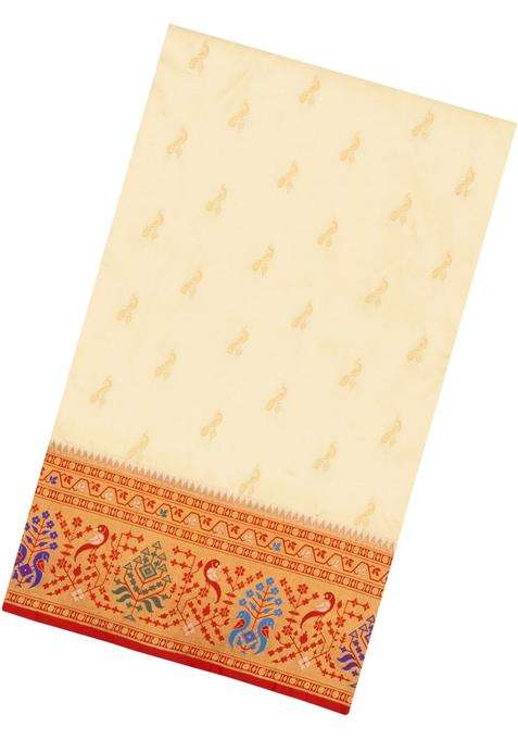 White Handloom Paithani Silk Saree With Meena Border Pallu With Buttas And Brocade Design For Women