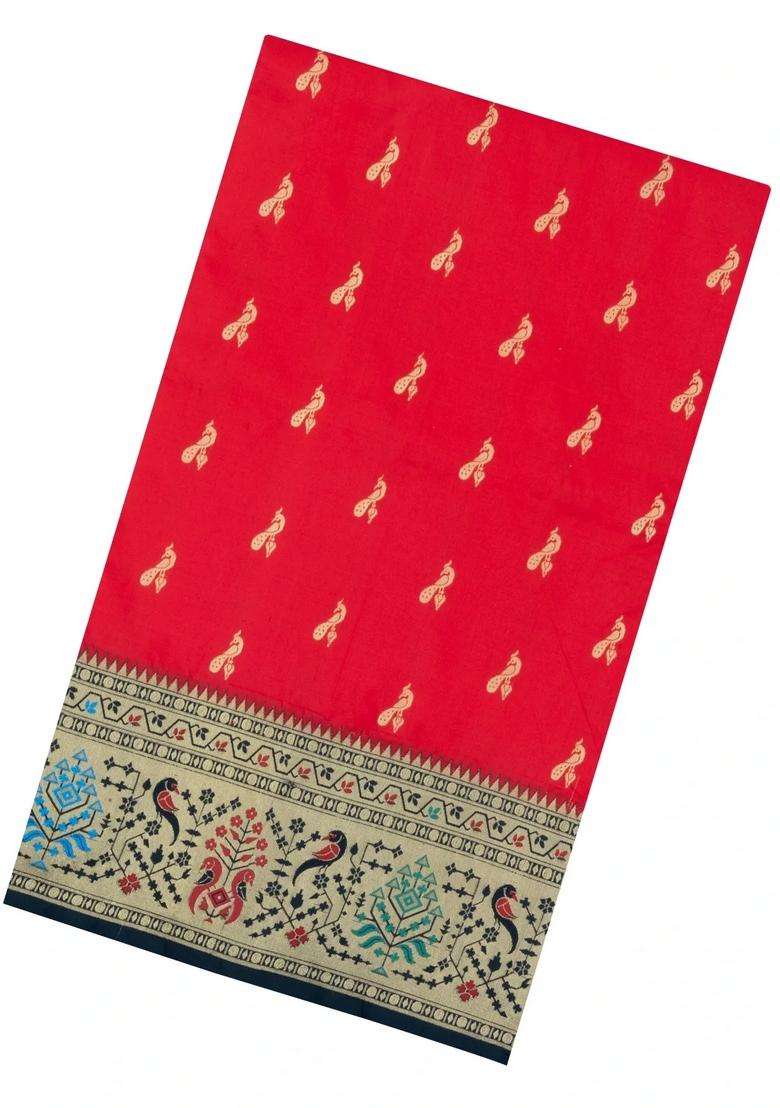 Red Handloom Paithani Silk Saree With Meena Border Pallu With Buttas And Brocade Design For Women - Indya
