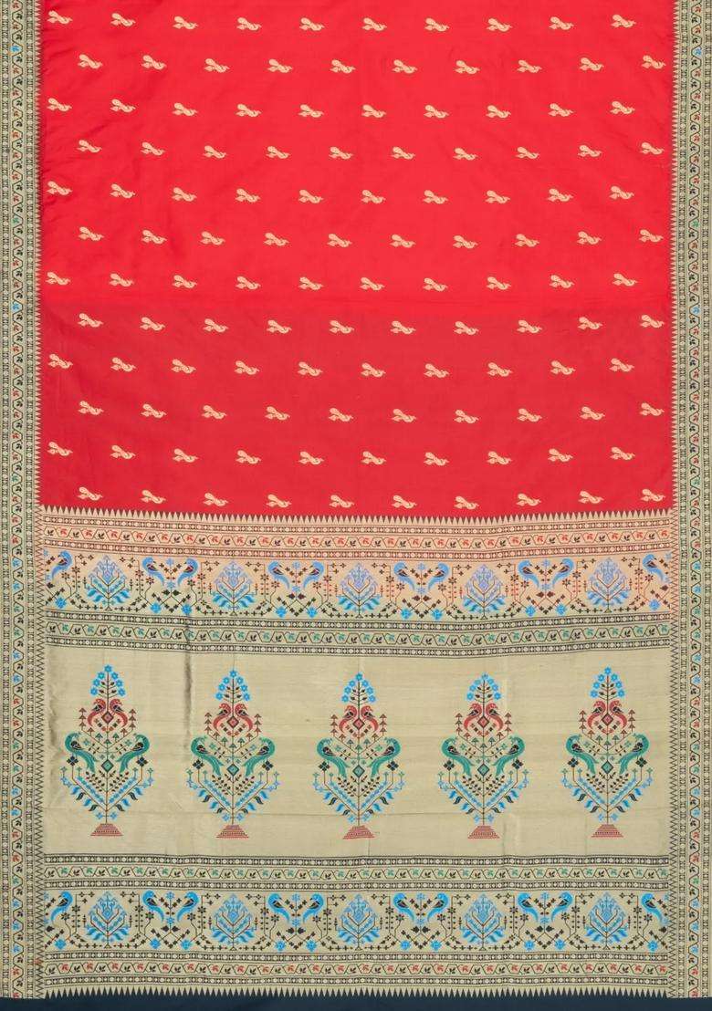 Red Handloom Paithani Silk Saree With Meena Border Pallu With Buttas And Brocade Design For Women - Indya
